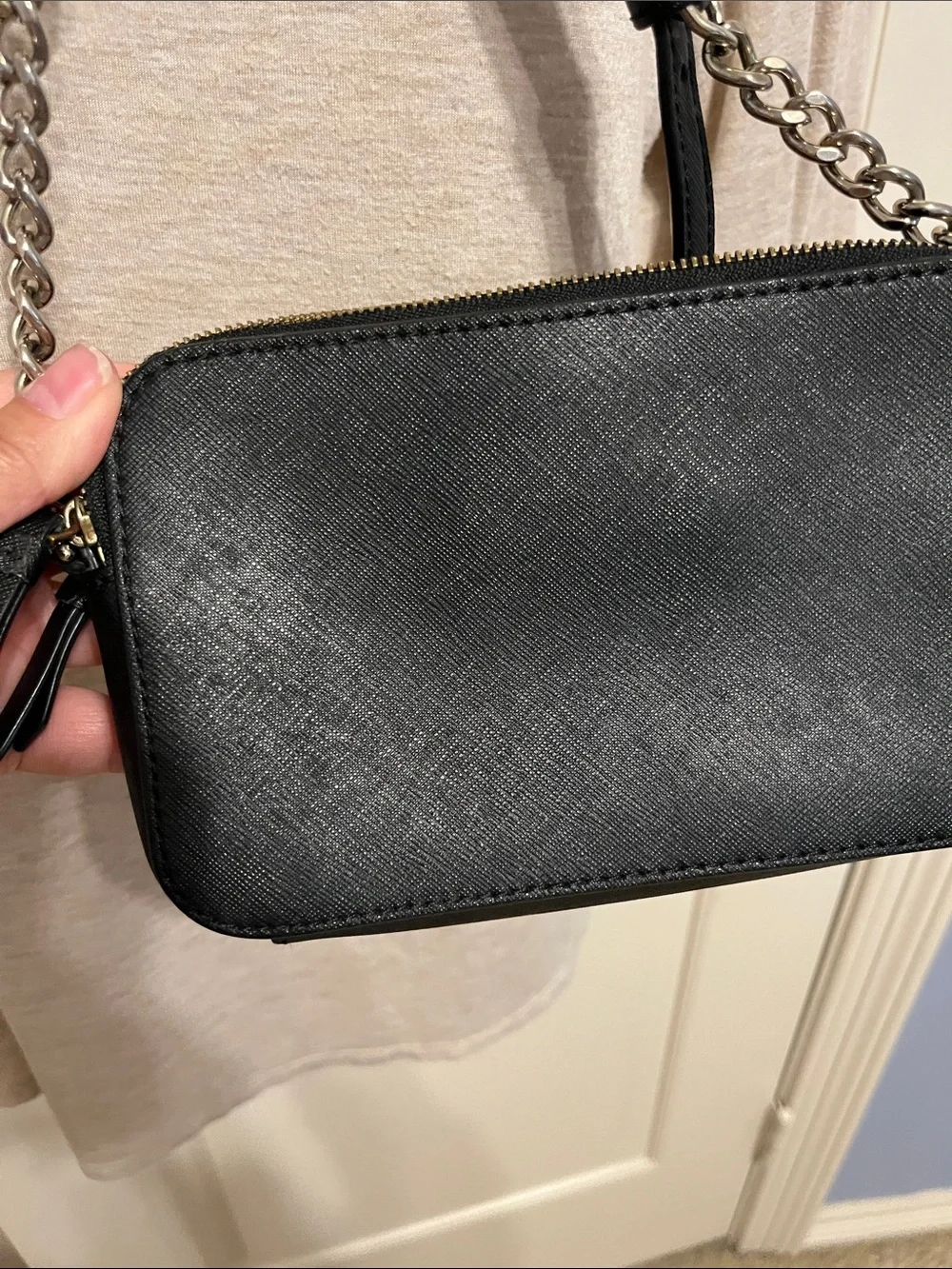 kate spade black Saffiano crossbody camera bag with chain strap